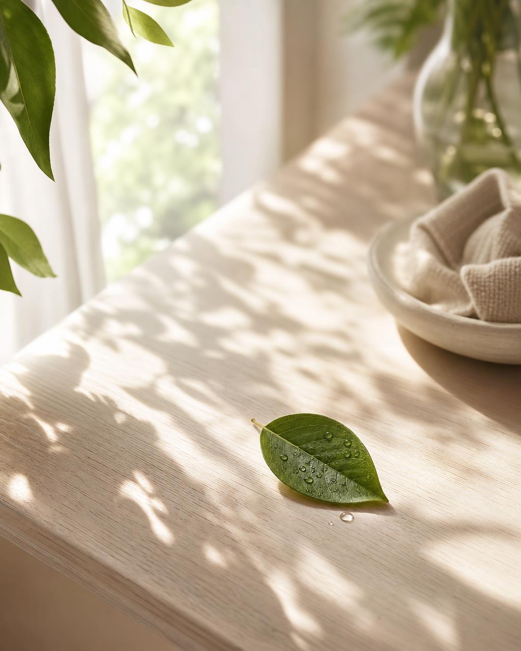 Fresh morning light on a clean surface with a dewy green leaf — a symbol of Clear Shine's fresh, safe cleaning approach